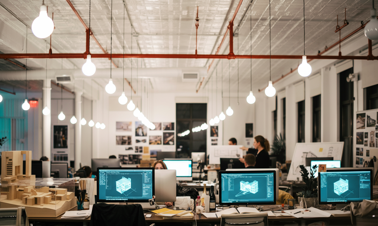 Architects collaborating in a digital studio with BIM models on screen, representing structured onboarding in architecture.