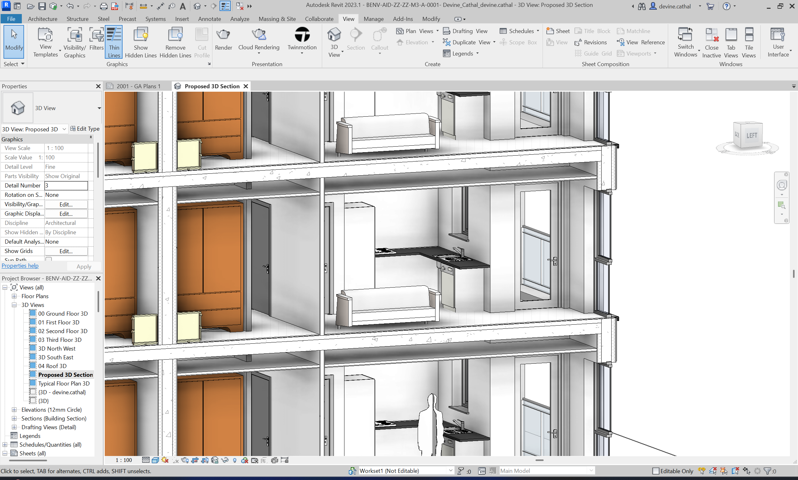 Cut-through 3D section in Revit showing internal apartment layouts, doors and stair cores